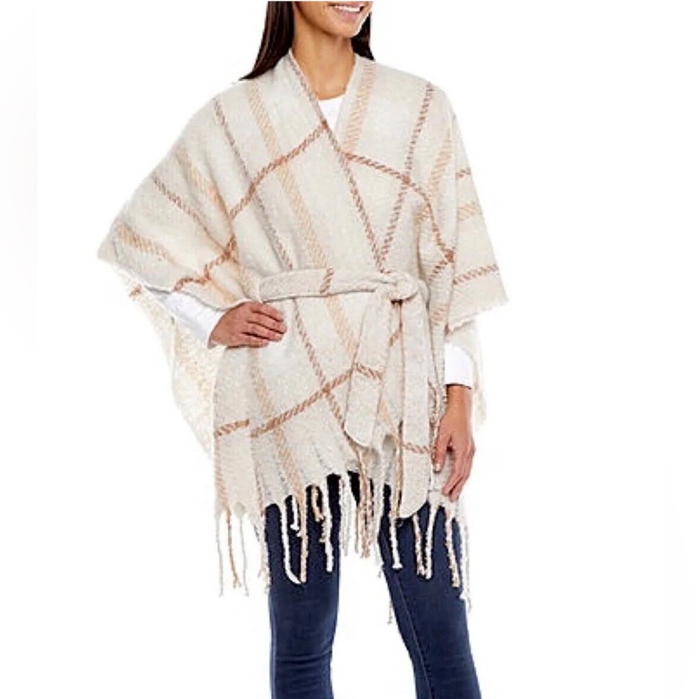 Liz Claiborne NWT ivory plaid fringed belted wrap size OS